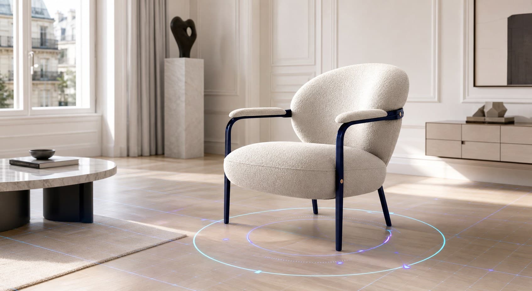 Lounge-Sessel als maßstabsgetreue AR-Platzierung in einem hellen Wohnraum